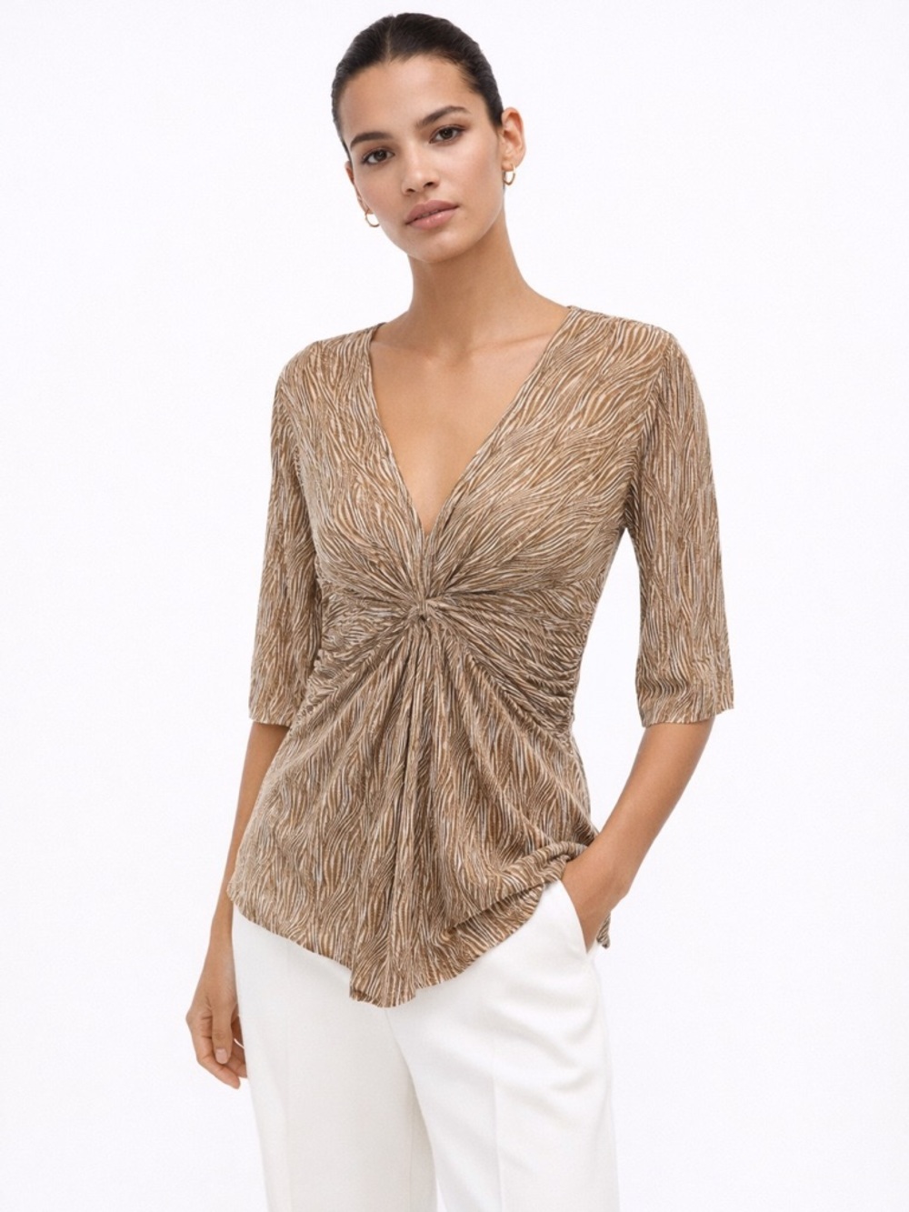 Vintage Y2K New York & Company Twist Front Top Mesh Sheer V-Neck M Neutral Glam